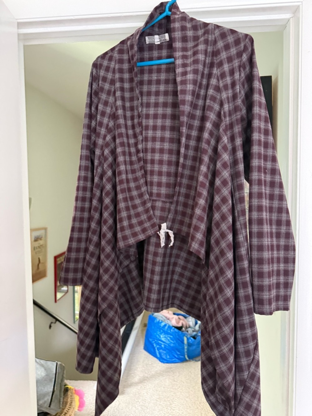 bryn walker Plum and Gray Plaid Open Cardigan
